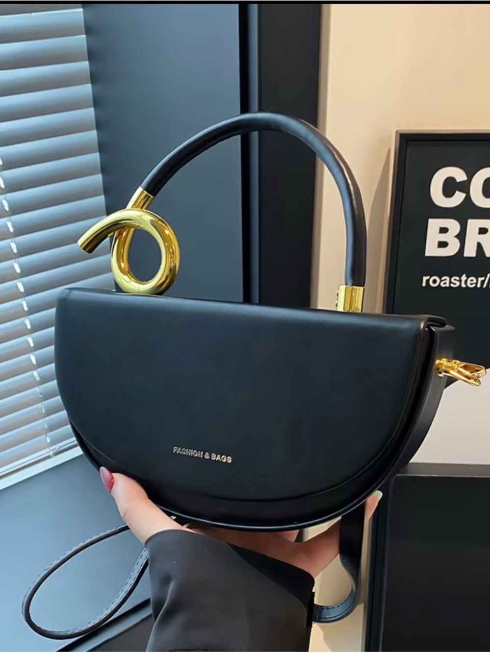 Black Mini Half-Moon Handbag with Gold Accent